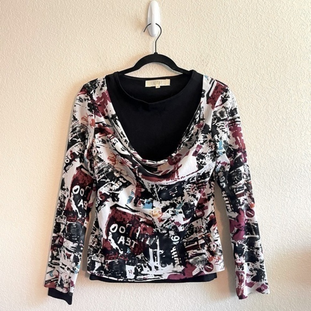Y2K Vitae Graphic Twofer Layered Long Sleeve Cowl Neck Top Womens Size Medium